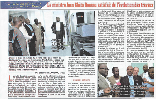 Le Ministre des Technologies de l\’Information et de la Communication satisfait des travaux de construction de la station d\’atterrage du câble sous-marins ACE au Bénin